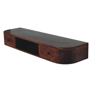 43 Inch Chestnut Solid Wood Floating Console with Open Shelf and Dual Drawers