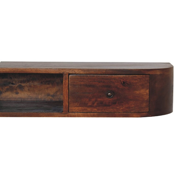 43 Inch Chestnut Solid Wood Floating Console with Open Shelf and Dual Drawers