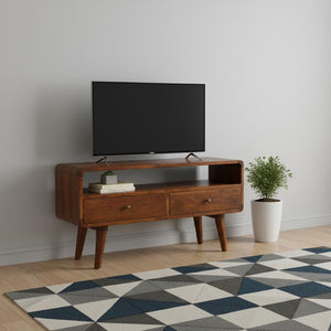 HomeRoots 35" Mid-Century Solid Mango Wood TV Stand with Open Storage & Drawers – Stylish & Versatile Design 719179