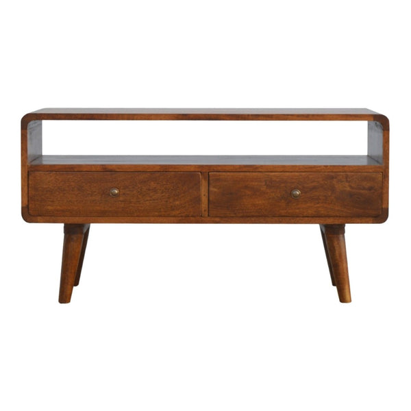 HomeRoots 35" Mid-Century Solid Mango Wood TV Stand with Open Storage & Drawers – Stylish & Versatile Design 719179