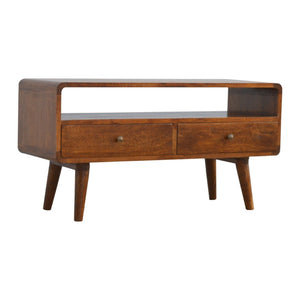 HomeRoots 35" Mid-Century Solid Mango Wood TV Stand with Open Storage & Drawers – Stylish & Versatile Design 719179