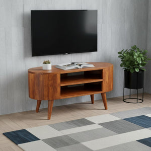 HomeRoots 35" Walnut Solid Wood TV Stand - Stylish Modern Media Console with Open and Enclosed Storage Options 719180