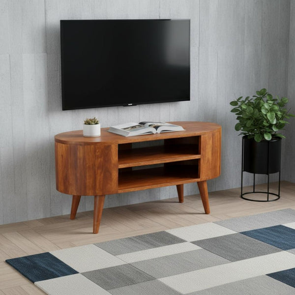 HomeRoots 35" Walnut Solid Wood TV Stand - Stylish Modern Media Console with Open and Enclosed Storage Options 719180