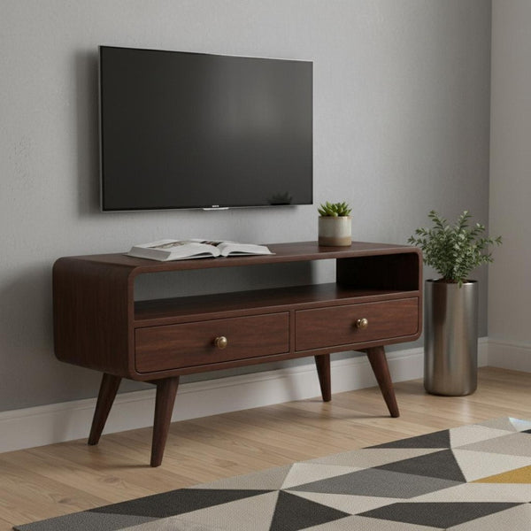 HomeRoots 35" Handcrafted Solid Wood TV Stand - Mid-Century Modern Media Center with Open & Concealed Storage 719181