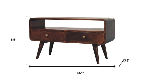 HomeRoots 35" Handcrafted Solid Wood TV Stand - Mid-Century Modern Media Center with Open & Concealed Storage 719181