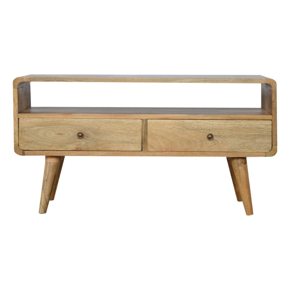 HomeRoots 24" Chestnut Solid Wood TV Stand - Stylish Mid-Century Modern Design with Open Shelving & Drawers 719184