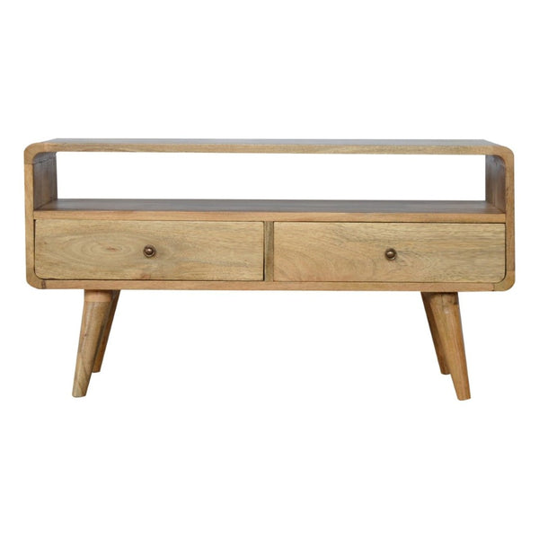 HomeRoots 24" Chestnut Solid Wood TV Stand - Stylish Mid-Century Modern Design with Open Shelving & Drawers 719184