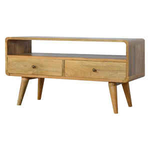 HomeRoots 24" Chestnut Solid Wood TV Stand - Stylish Mid-Century Modern Design with Open Shelving & Drawers 719184