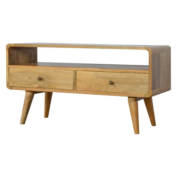 HomeRoots 24" Chestnut Solid Wood TV Stand - Stylish Mid-Century Modern Design with Open Shelving & Drawers 719184