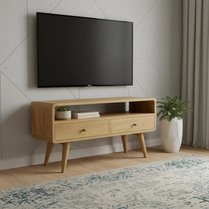 HomeRoots 24" Chestnut Solid Wood TV Stand - Stylish Mid-Century Modern Design with Open Shelving & Drawers 719184