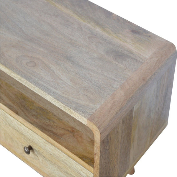HomeRoots 24" Chestnut Solid Wood TV Stand - Stylish Mid-Century Modern Design with Open Shelving & Drawers 719184
