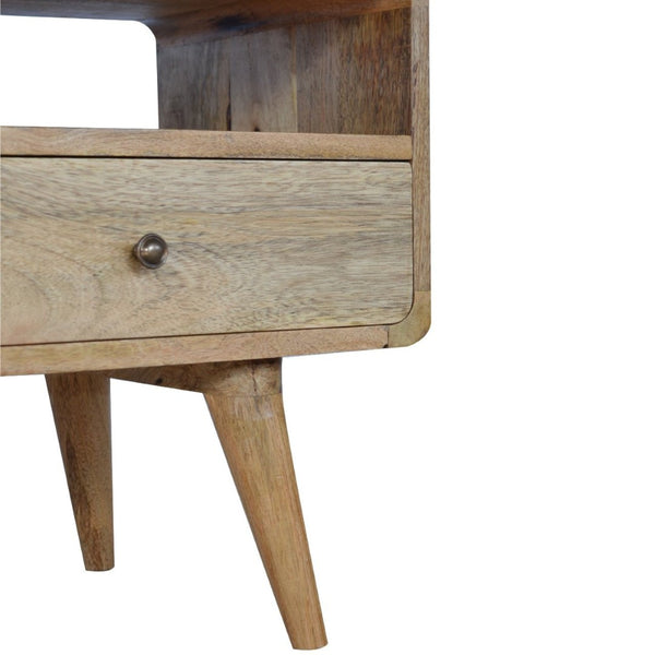 HomeRoots 24" Chestnut Solid Wood TV Stand - Stylish Mid-Century Modern Design with Open Shelving & Drawers 719184