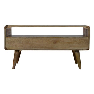HomeRoots 24" Chestnut Solid Wood TV Stand - Stylish Mid-Century Modern Design with Open Shelving & Drawers 719184