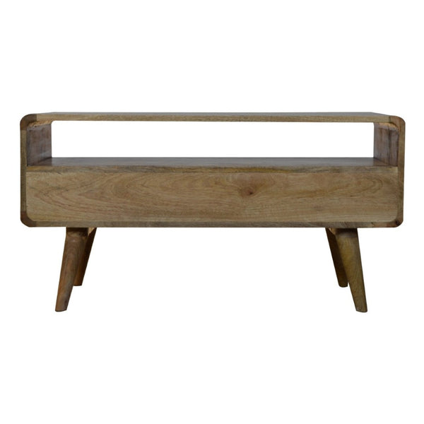 HomeRoots 24" Chestnut Solid Wood TV Stand - Stylish Mid-Century Modern Design with Open Shelving & Drawers 719184