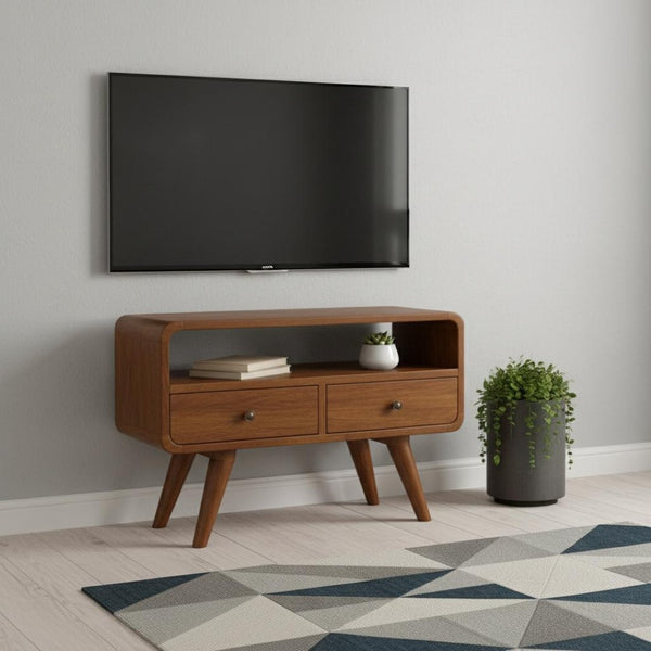 HomeRoots 35" Handcrafted Brown Solid Mango Wood TV Stand - Mid-Century Modern Storage & Display Solution 719185