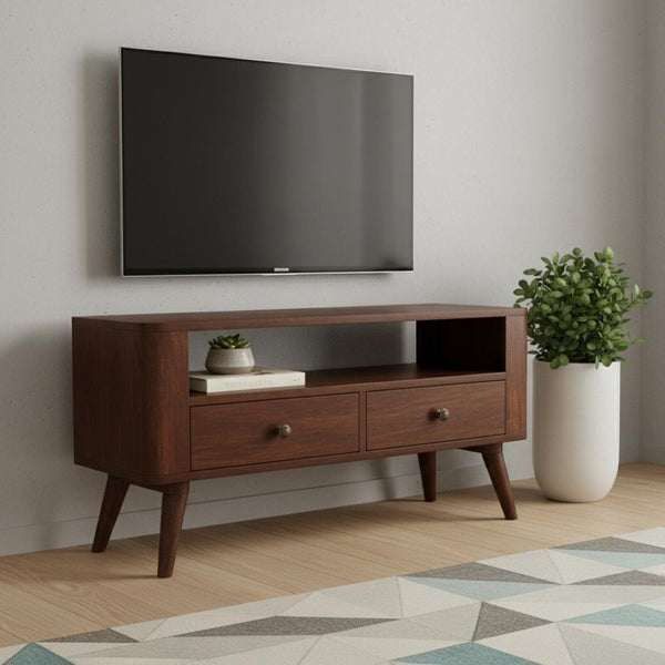 HomeRoots 43" Brown Solid Wood TV Stand with Enclosed Storage & Open Shelves for Modern Living Spaces 719186