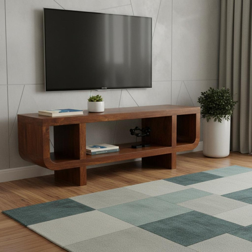 HomeRoots 35" Solid Mango Wood TV Stand with Stylish Open Shelves and Enclosed Storage for Modern Living Spaces 719188