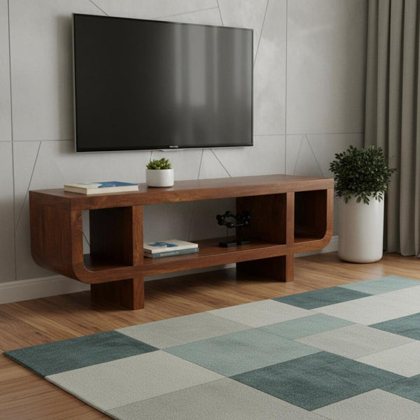 HomeRoots 35" Solid Mango Wood TV Stand with Stylish Open Shelves and Enclosed Storage for Modern Living Spaces 719188