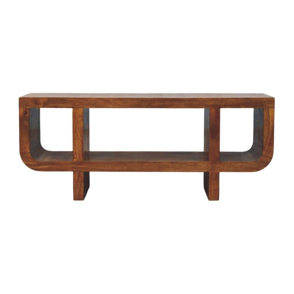 HomeRoots 35" Solid Mango Wood TV Stand with Stylish Open Shelves and Enclosed Storage for Modern Living Spaces 719188
