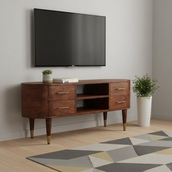 HomeRoots 26" Solid Mango Wood Open Shelving TV Stand - Stylish Media Center with Curved Edges & Versatile Storage 719190