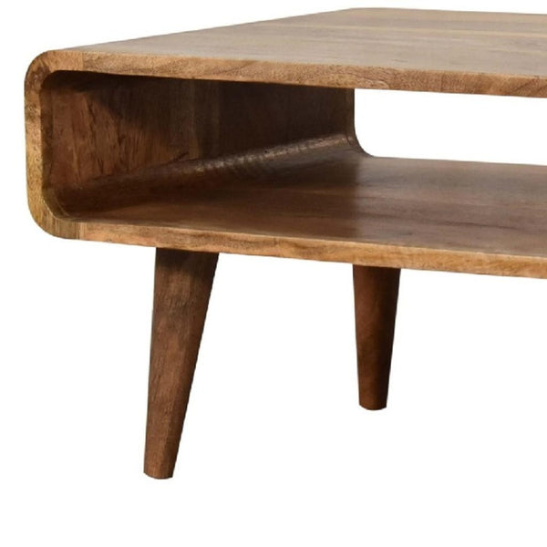 HomeRoots 35" Elegant Solid Mango Wood TV Stand with Mid-Century Design, Open Shelving & Enclosed Storage Space 719191