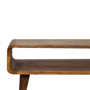 HomeRoots 35" Elegant Solid Mango Wood TV Stand with Mid-Century Design, Open Shelving & Enclosed Storage Space 719191