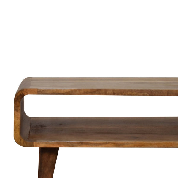 HomeRoots 35" Elegant Solid Mango Wood TV Stand with Mid-Century Design, Open Shelving & Enclosed Storage Space 719191