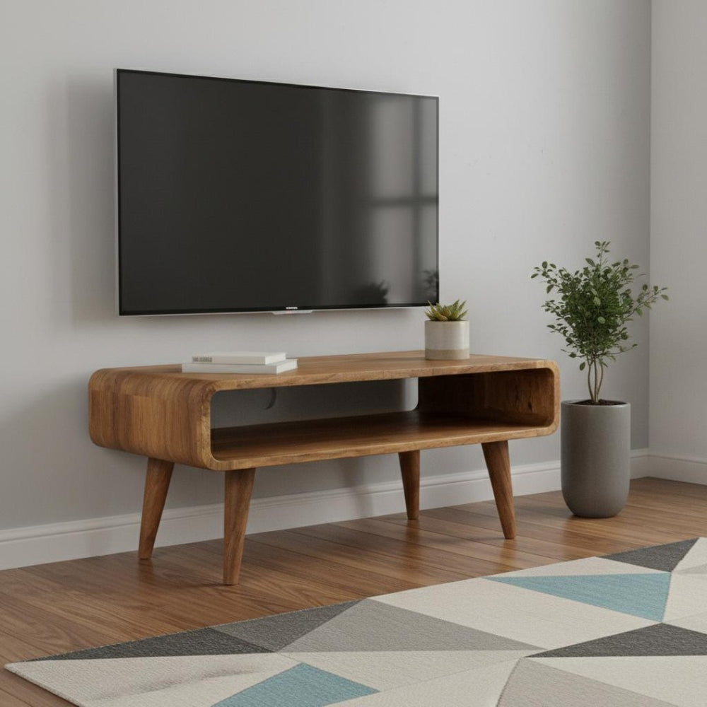 HomeRoots 35" Elegant Solid Mango Wood TV Stand with Mid-Century Design, Open Shelving & Enclosed Storage Space 719191