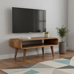 HomeRoots 35" Elegant Solid Mango Wood TV Stand with Mid-Century Design, Open Shelving & Enclosed Storage Space 719191