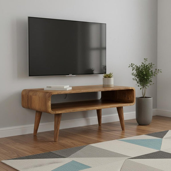 HomeRoots 35" Elegant Solid Mango Wood TV Stand with Mid-Century Design, Open Shelving & Enclosed Storage Space 719191