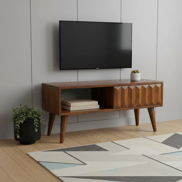 HomeRoots 43" Solid Mango Wood TV Stand with Open Shelving & Enclosed Storage for Modern Living Room Style 719194