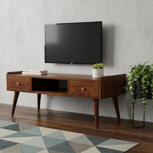 HomeRoots 39" Brown Solid Mango Wood TV Stand with Open and Enclosed Storage for Modern Living Spaces 719196