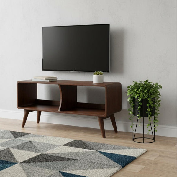 HomeRoots 43" Handcrafted Brown Solid Wood TV Stand with Mid-Century Charm, Open and Enclosed Storage Options 719197