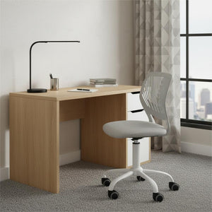 HomeRoots Set of Two 27" Beige Fabric & Oak Metal Swivel Bar Chairs for Stylish Comfort & Versatility 719204