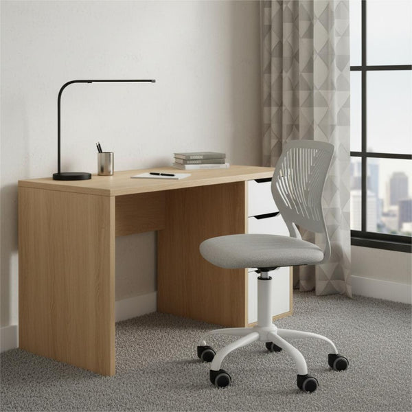 HomeRoots Set of Two 27" Beige Fabric & Oak Metal Swivel Bar Chairs for Stylish Comfort & Versatility 719204