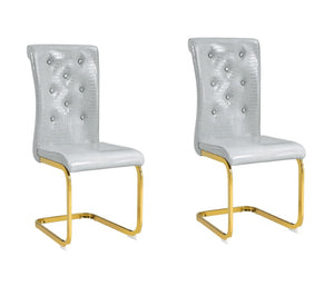 Set of Two Tufted Faux Leather Dining Chairs with Metal Legs for Glam Modern Rooms