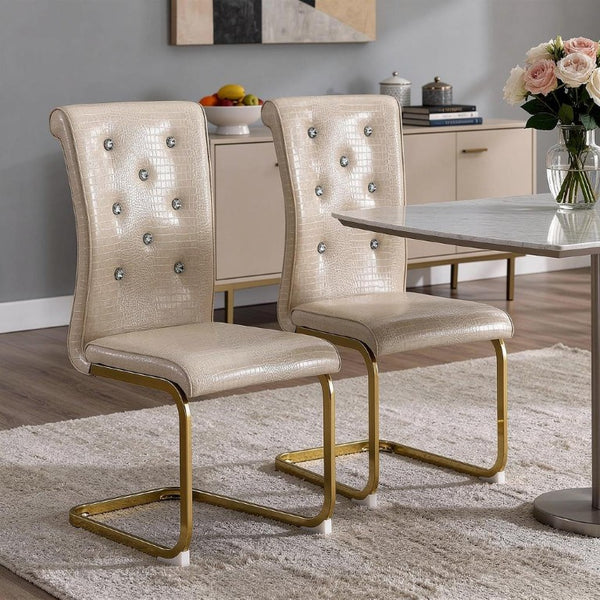 Set of Two Tufted Faux Leather Dining Chairs with Metal Legs for Glam Modern Rooms