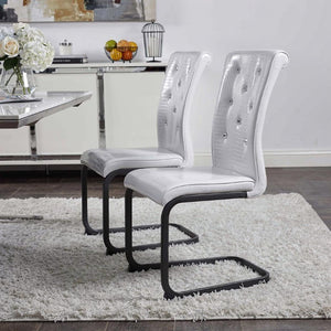Set of Two Tufted Faux Leather Dining Chairs with Metal Legs for Glam Modern Rooms