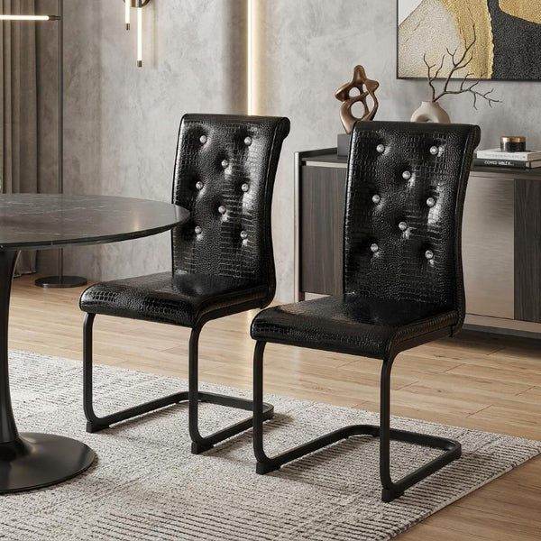 Set of Two Tufted Faux Leather Dining Chairs with Metal Legs for Glam Modern Rooms