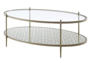 HomeRoots 54" Clear Glass and Champagne Steel Coffee Table with Storage Shelf - Modern Elegance for Any Space 719244