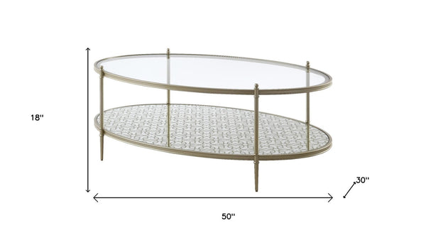 HomeRoots 54" Clear Glass and Champagne Steel Coffee Table with Storage Shelf - Modern Elegance for Any Space 719244