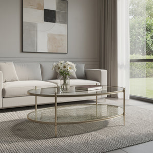 HomeRoots 54" Clear Glass and Champagne Steel Coffee Table with Storage Shelf - Modern Elegance for Any Space 719244
