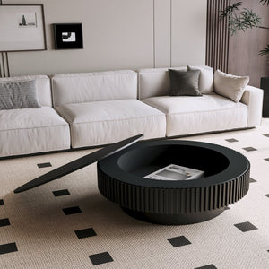 English Elm 39.37'' Round Lift-top Coffee Table Fluted Wood Veneer Hidden Storage Modern Living Room Black W1435P261922