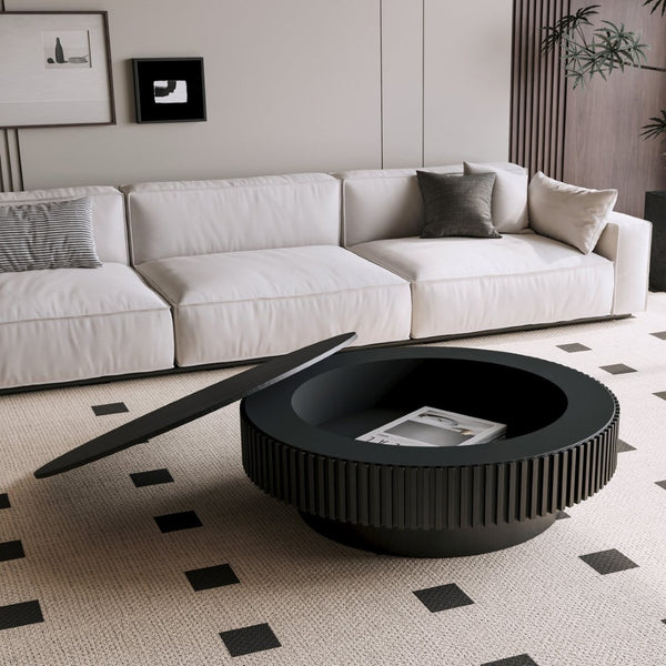 English Elm 39.37'' Round Lift-top Coffee Table Fluted Wood Veneer Hidden Storage Modern Living Room Black W1435P261922