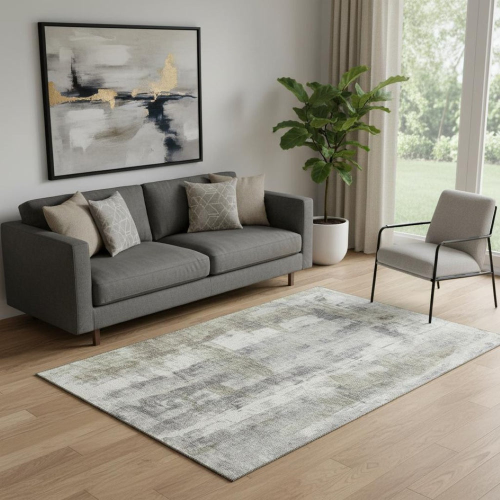 HomeRoots 8' Modern Abstract Round Rug in Beige, Gray & Ivory – Washable, UV Protected, Stain Resistant Design 719271