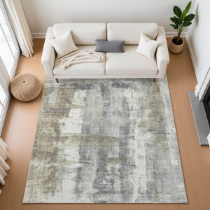 HomeRoots 9' X 12' Abstract Washable Area Rug in Beige Gray Ivory - Stylish, Durable, UV & Stain Resistant! 719273
