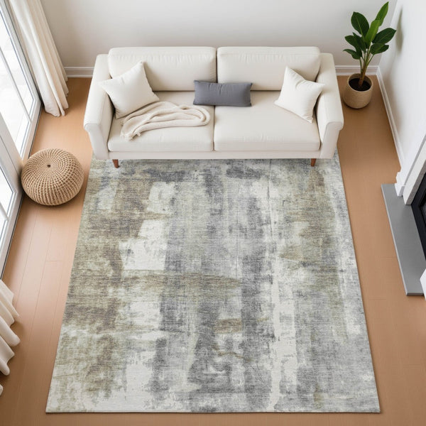 HomeRoots 9' X 12' Abstract Washable Area Rug in Beige Gray Ivory - Stylish, Durable, UV & Stain Resistant! 719273