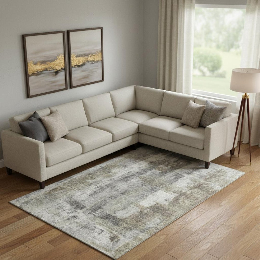 HomeRoots 9' X 12' Abstract Washable Area Rug in Beige Gray Ivory - Stylish, Durable, UV & Stain Resistant! 719273