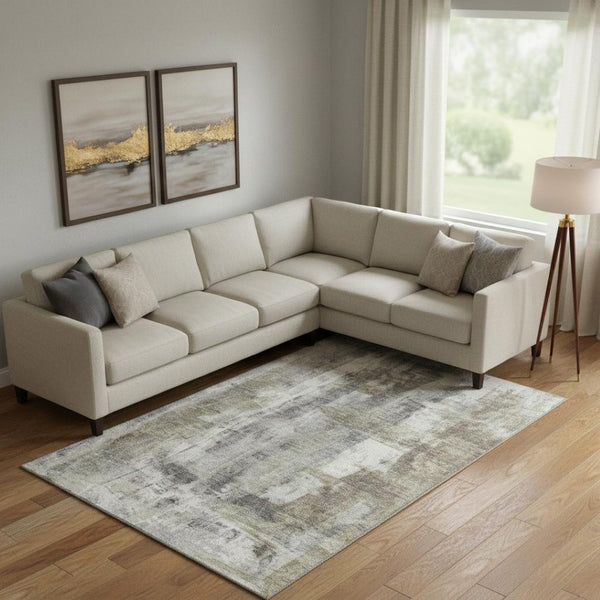 HomeRoots 9' X 12' Abstract Washable Area Rug in Beige Gray Ivory - Stylish, Durable, UV & Stain Resistant! 719273