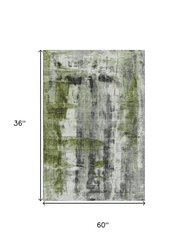 HomeRoots 5' X 8' Olive Green Charcoal Ivory Abstract Rug - Washable, UV Protected, Kid & Pet Friendly Design 719276